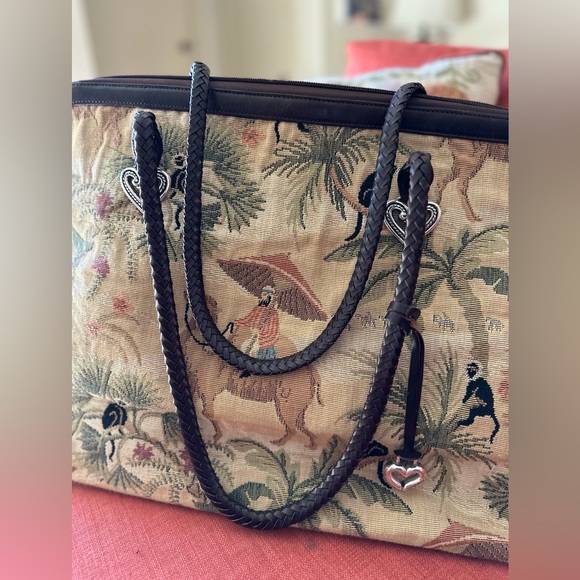 Brighton Embroidered Tapestry Canvas and Leather Camel and monkeys design Tote - Picture 3 of 11